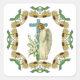 Blue Flowered Christian Cross Square Sticker