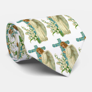 Blue Flowered Christian Cross Tie