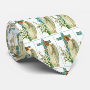 Blue Flowered Christian Cross Tie