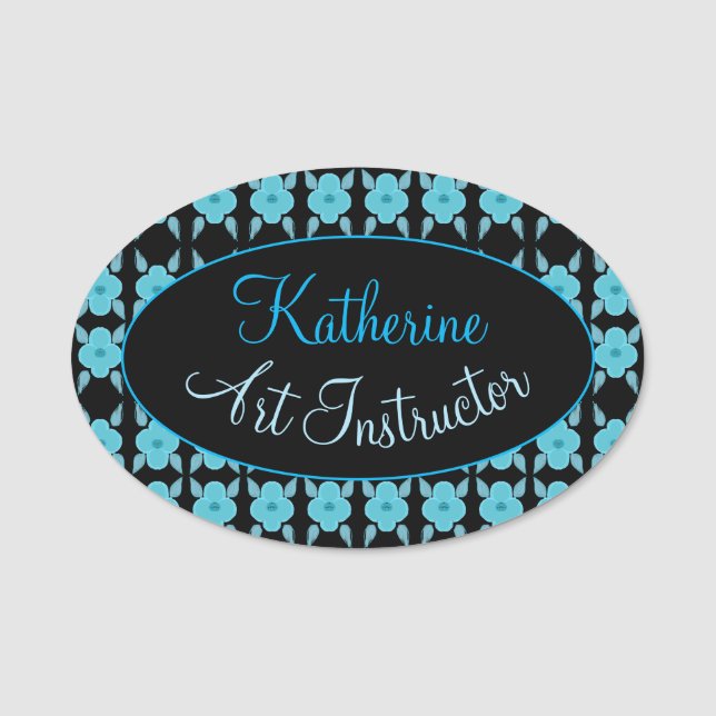 Blue Flowered Personalised Name Tag (Front)