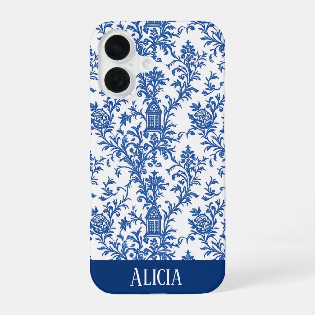 Blue Flowering Toile iPhone 16 Case (Back)