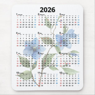 Blue Flowers 2026 Calendar On White Mouse Mat