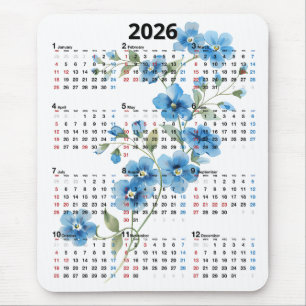 Blue Flowers 2026 Calendar On White Mouse Mat