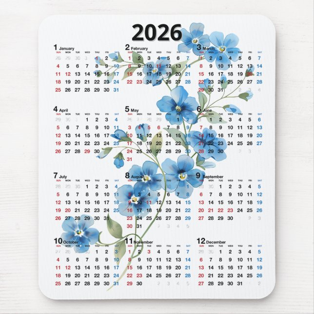 Blue Flowers 2026 Calendar On White Mouse Mat (Front)