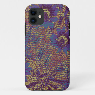 Blue flowers against leaf camouflage pattern iPhone 11 case