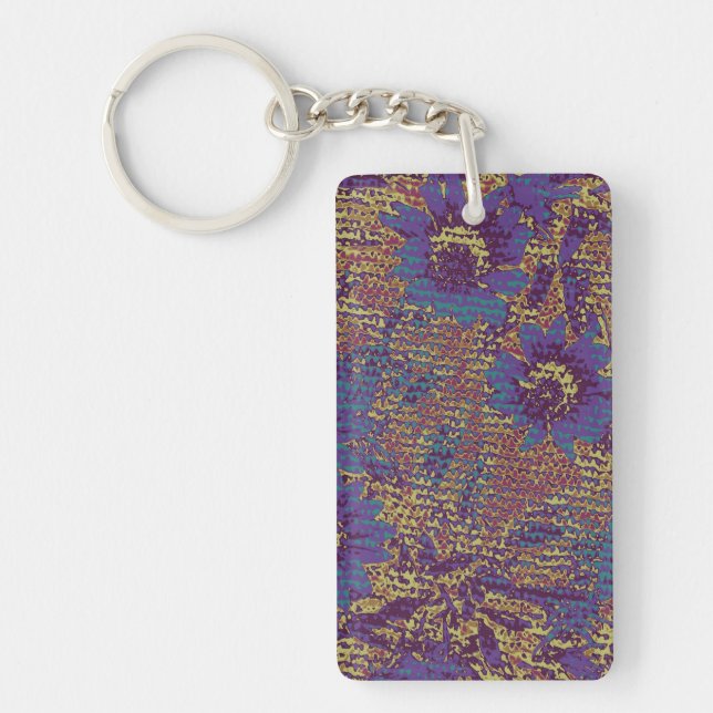 Blue flowers against leaf camouflage pattern key ring (Front)