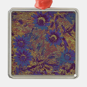 Blue flowers against leaf camouflage pattern metal tree decoration