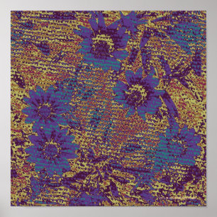 Blue flowers against leaf camouflage pattern poster
