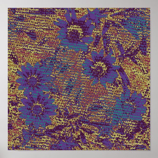 Blue flowers against leaf camouflage pattern poster (Front)