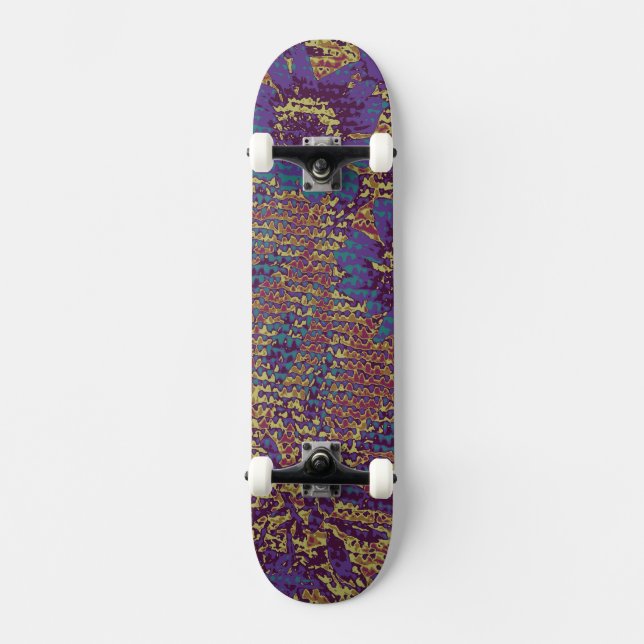 Blue flowers against leaf camouflage pattern skateboard (Front)