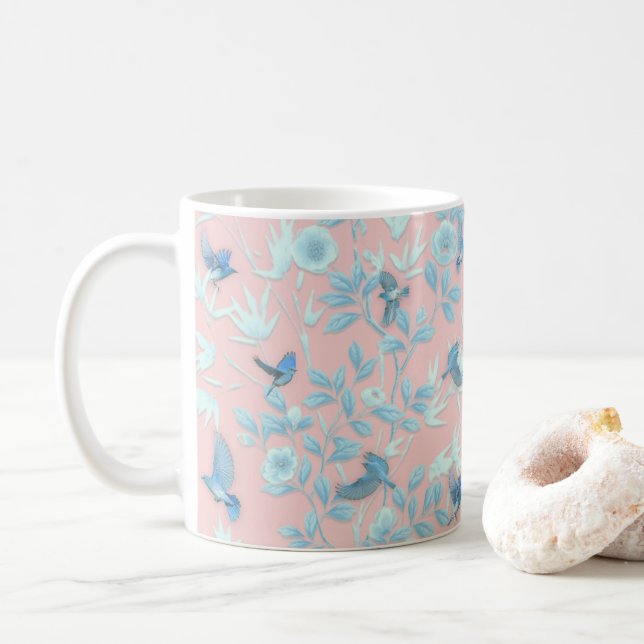 blue flowers and bird ,Background light rose colou Coffee Mug (With Donut)