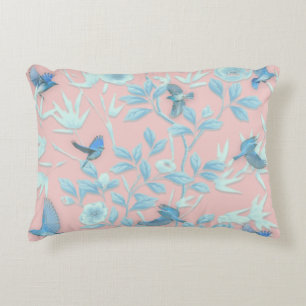 blue flowers and bird ,Background light rose colou Decorative Cushion