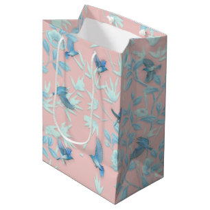 blue flowers and bird ,Background light rose colou Medium Gift Bag