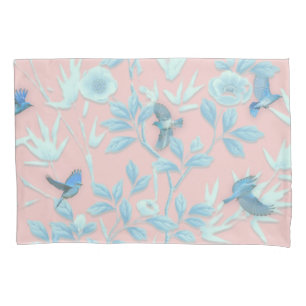 blue flowers and bird ,Background light rose colou Pillowcase