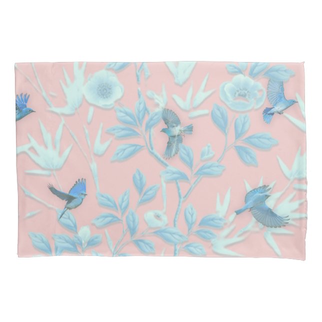 blue flowers and bird ,Background light rose colou Pillowcase (Front)