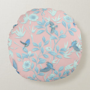blue flowers and bird ,Background light rose colou Round Cushion