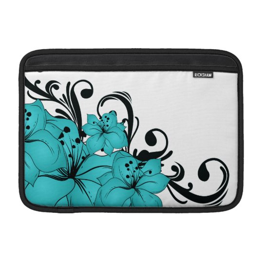 Blue Flowers and Black Scrolls on White MacBook Sleeve