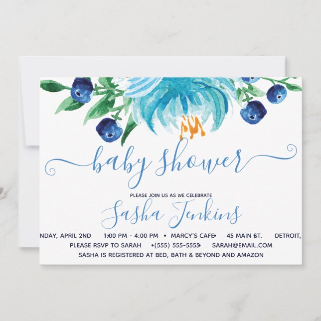 Blue Flowers and Blueberries Baby Shower  Invitation (Front)