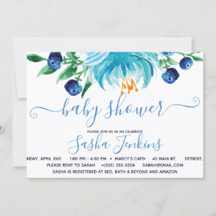 Blue Flowers and Blueberries Baby Shower Invitation
