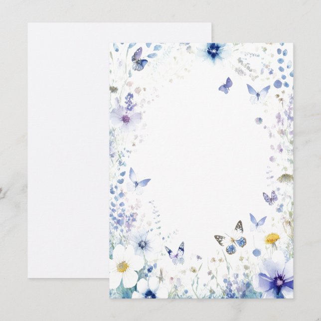 Blue flowers and butterflies blank wedding invitation (Front/Back)