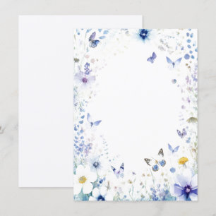 Blue flowers and butterflies blank wedding invitation