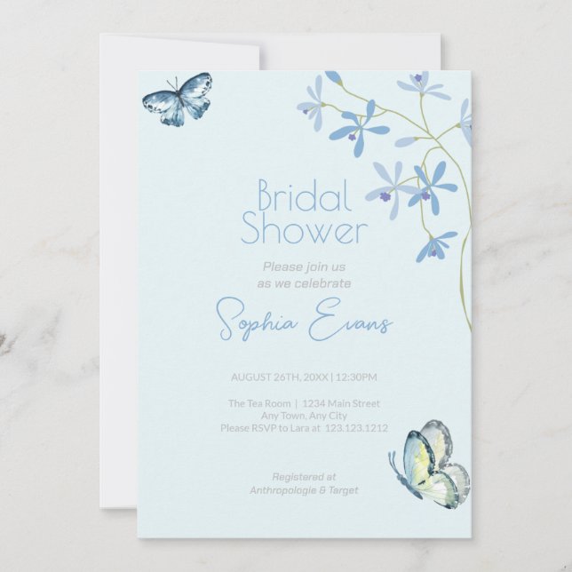 Blue Flowers and Butterflies Blue Bridal Shower Invitation (Front)