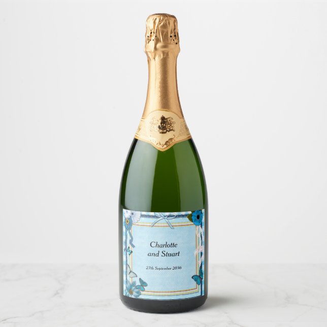 Blue Flowers and Butterflies Sparkling Wine Label (Front)