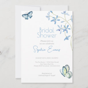 Blue Flowers and Butterflies White Bridal Shower Invitation