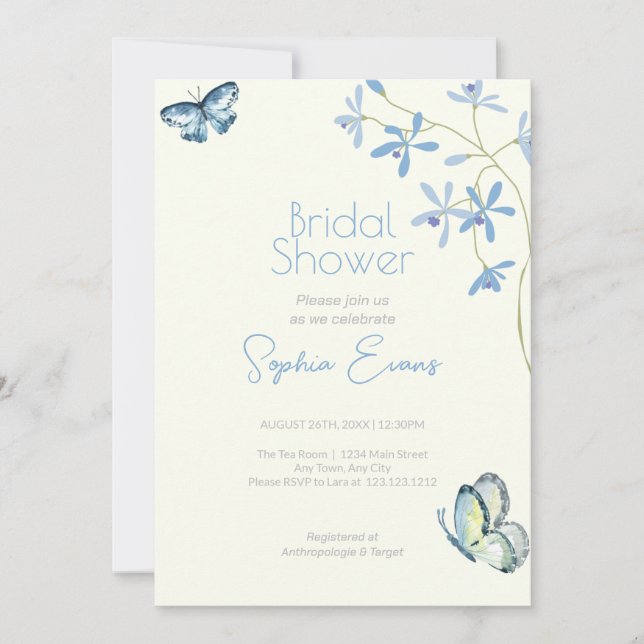 Blue Flowers and Butterflies Yellow Bridal Shower Invitation (Front)