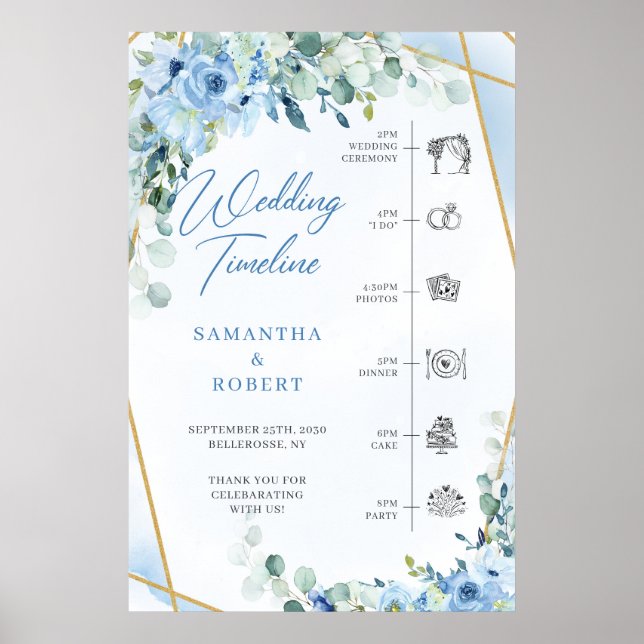 Blue flowers and eucalyptus gold wedding Timeline Poster (Front)