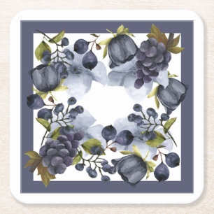 Blue flowers and fruits in frame square paper coaster