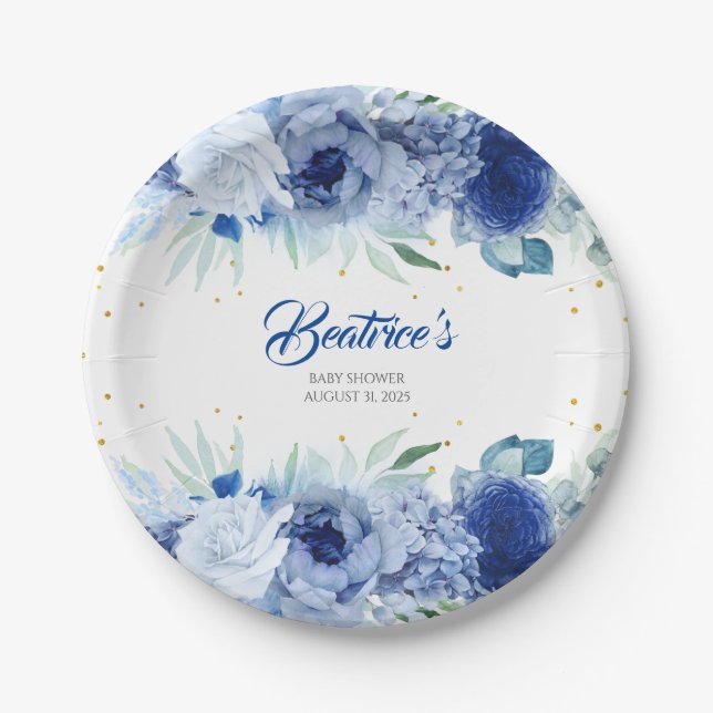 Blue Flowers and Gold Confetti Baby Shower Paper Plate (Front)