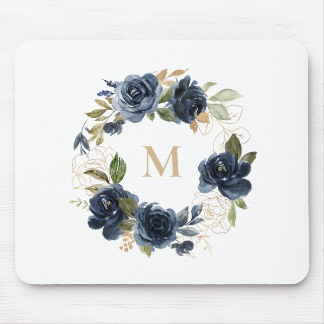 Blue Flowers and Gold Foil Leaves Wreath Monogram Mouse Mat (Front)