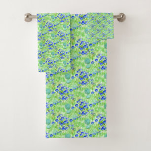 Blue Flowers And Grass Nature Art Pattern      Bath Towel Set
