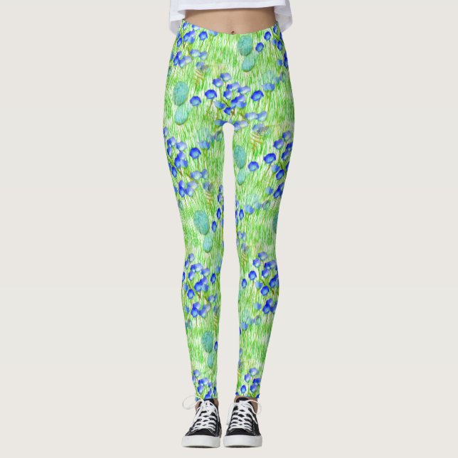 Blue Flowers And Grass Nature Art Pattern Leggings (Front)