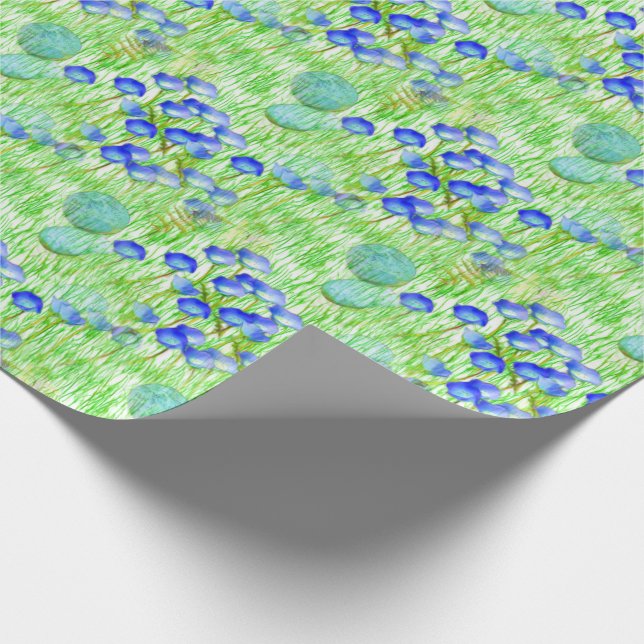 Blue Flowers And Grass Nature Art Pattern    Wrapping Paper (Corner)