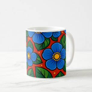 Blue Flowers and Green Leaves on a Red Background Coffee Mug