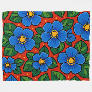 Blue Flowers and Green Leaves on a Red Background Fleece Blanket