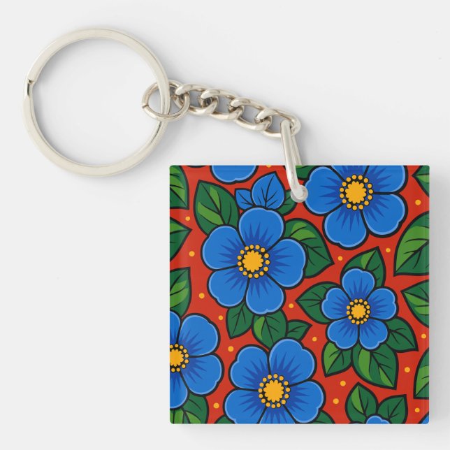 Blue Flowers and Green Leaves on a Red Background Key Ring (Front)