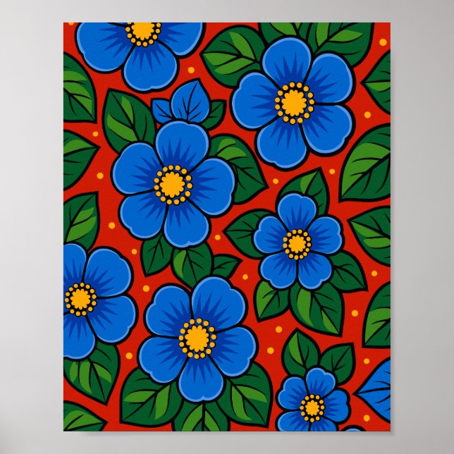 Blue Flowers and Green Leaves on a Red Background Poster (Front)