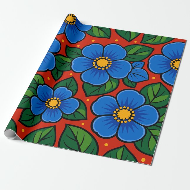 Blue Flowers and Green Leaves on a Red Background Wrapping Paper (Unrolled)