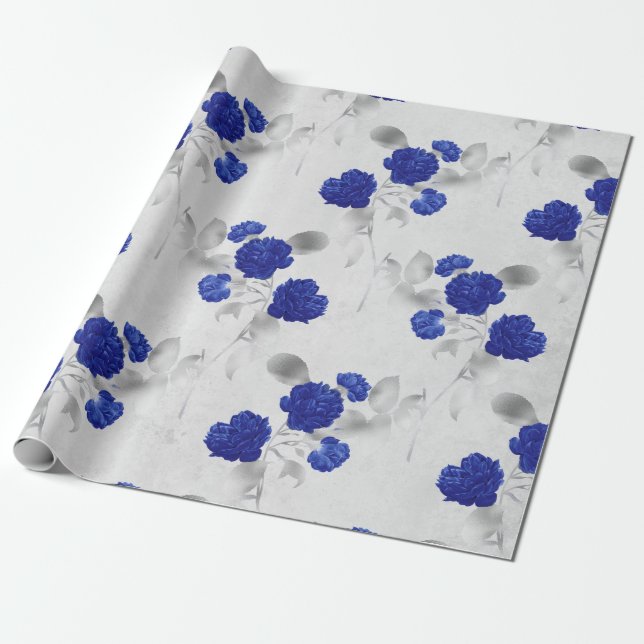 Blue Flowers and Grey Leaves on White Wrapping Paper (Unrolled)