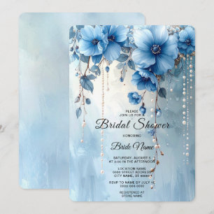 Blue Flowers and Pearls Bridal Shower Invitation