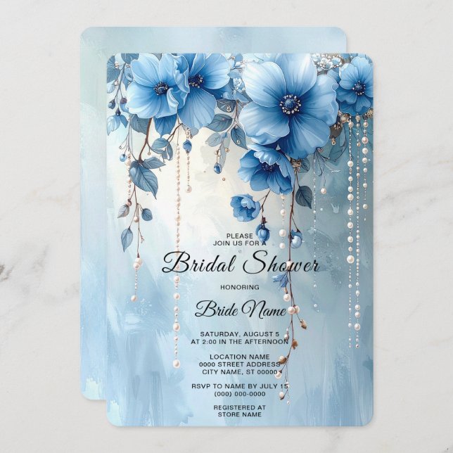 Blue Flowers and Pearls Bridal Shower Invitation (Front/Back)
