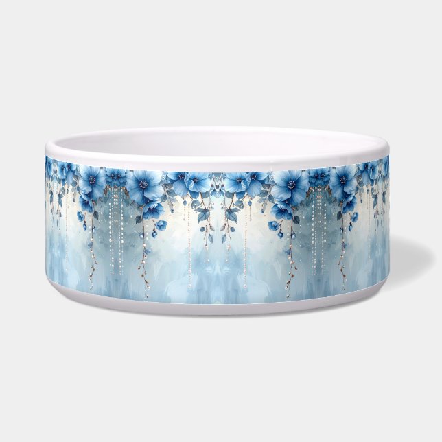 Blue Flowers and Pearls Ceramic Pet Bowl (Front)