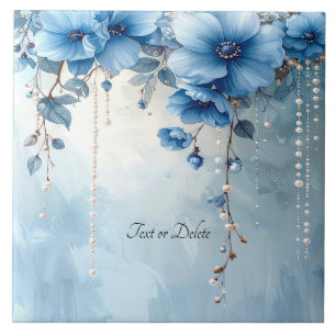 Blue Flowers and Pearls Ceramic Tile