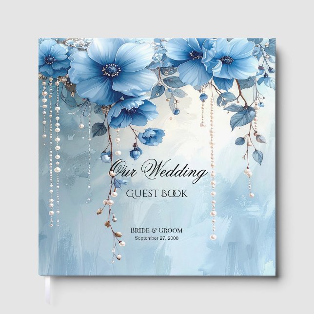 Blue Flowers and Pearls Guest Book (Front)