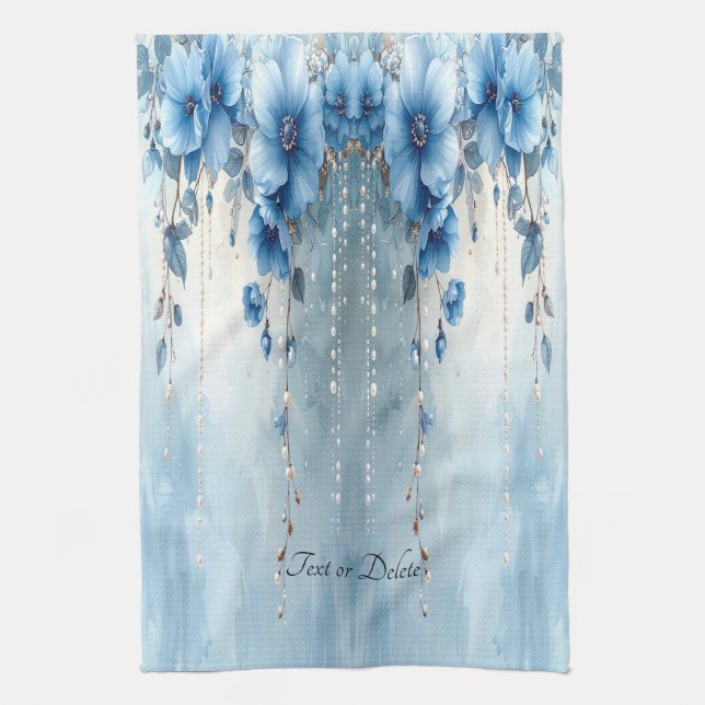 Blue Flowers and Pearls Kitchen Towel (Vertical)