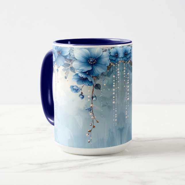 Blue Flowers and Pearls Mug (Front Left)
