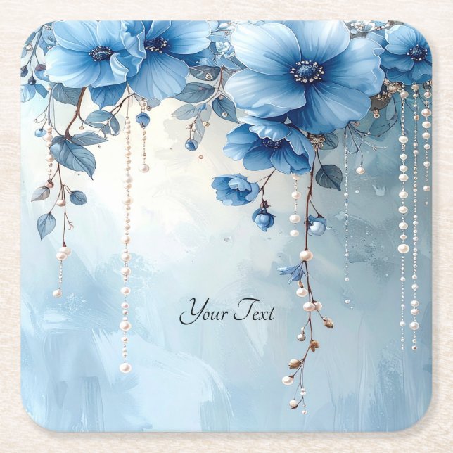 Blue Flowers and Pearls Paper Coaster (Front)